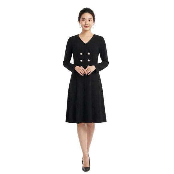 Ming Wang NWT Knit V Neck Quiet Luxury Pearl Button Black Dress Size M - Picture 1 of 8